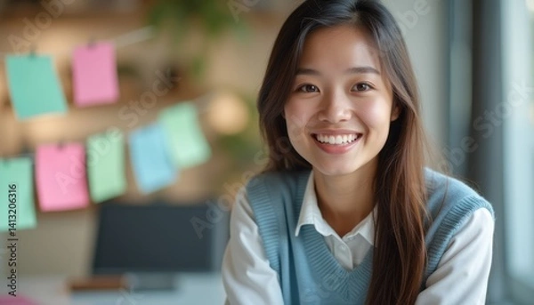 Obraz A radiant young woman with long hair beams at the camera, exuding positivity in a well-lit office adorned with colorful sticky notes. Her friendly demeanor and the vibrant backdrop create an inviting