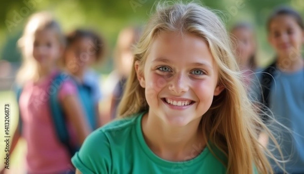 Obraz A cheerful girl with long blonde hair smiles brightly as she walks ahead of her friends in a vibrant park setting. The warm sunlight filters through the trees, creating a joyful atmosphere filled with