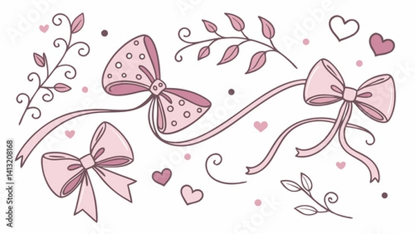 Fototapeta Pretty pink bows with hearts and leaves delicate hand drawn design romantic illustration soft pastel
