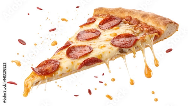 Obraz Pepperoni Pizza Slice with Melting Cheese and Toppings Isolated on White Background – Flying Food Concept