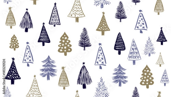 Fototapeta Christmas white tree pattern on white, hand drawn illustration on white