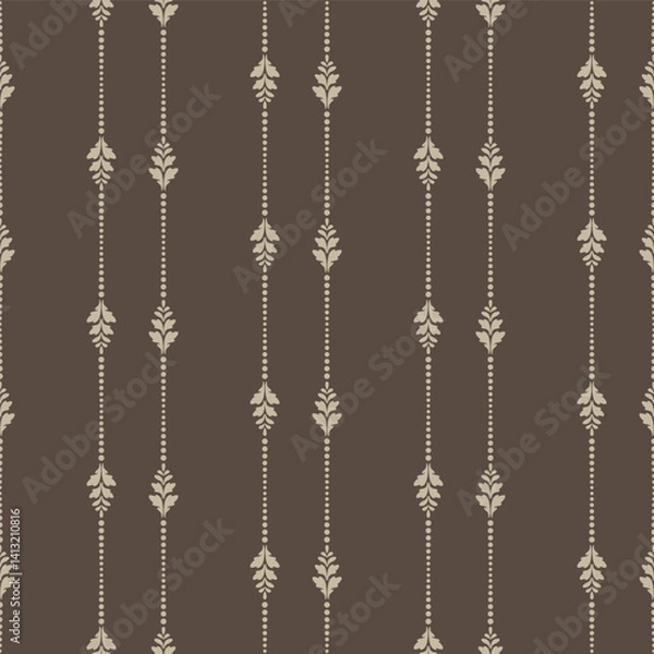Fototapeta Ornament of dots and flowers in brown shades. Pattern of beige dots and leaves. Decorative elements are placed in stripes on a brown background. Vector seamless pattern. 