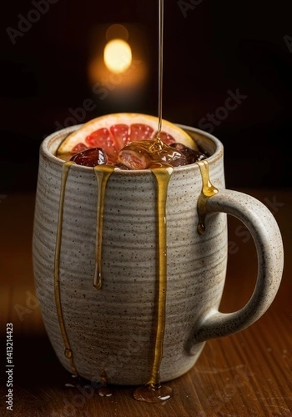 Obraz A Navy Grog in a heavy mug with honey and grapefruit.