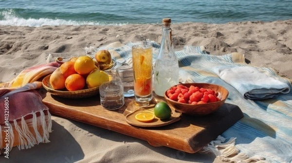 Fototapeta Beach picnic with fruit, drink, and waves in background for relaxation and summer.