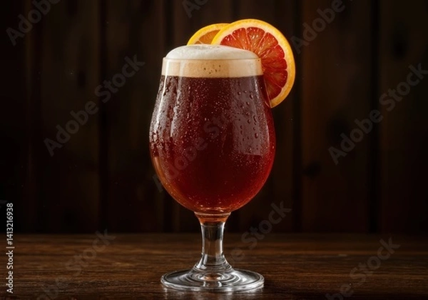 Obraz A frosty IPA in a tulip glass with thick foam and citrus slices.