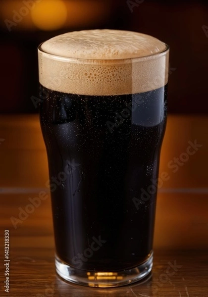 Obraz A close-up of a stout beer in a pint glass with creamy tan head and chocolate notes.