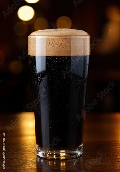 Obraz A close-up of a stout beer in a pint glass with creamy tan head and chocolate notes.