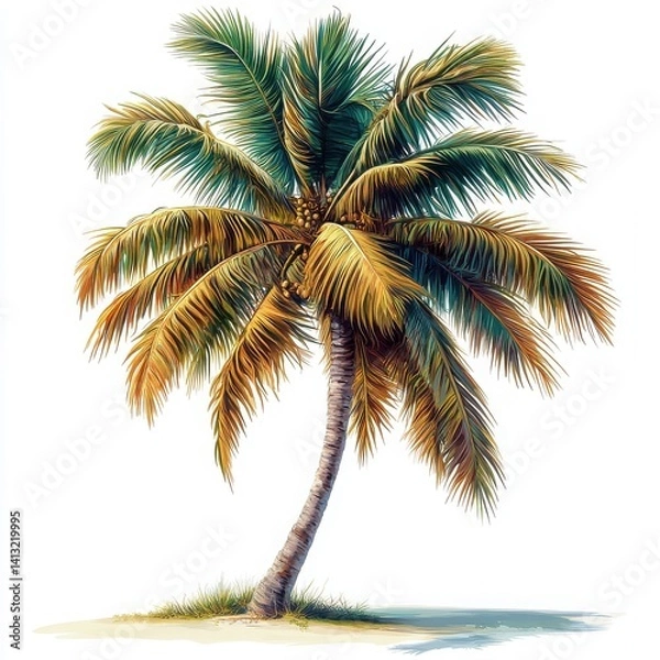 Fototapeta Lush Tropical Coconut Palm Tree with Coconuts Isolated on White Background