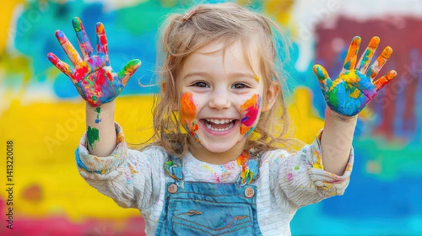 Fototapeta Playful child with rainbow paint all over hands and face, smiling with excitement, bright background