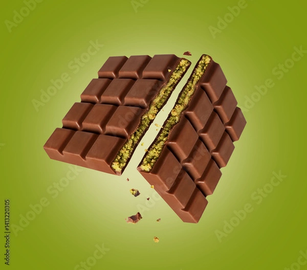 Fototapeta Dubai chocolate broken into two halves in the air on a green background. Dubai chocolate is made with pistachio paste and kadayif