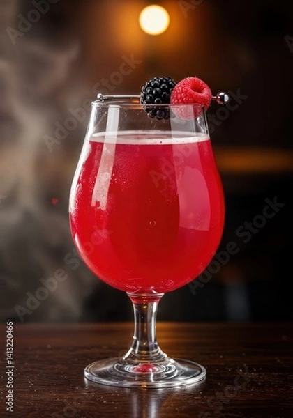 Obraz A sour beer in a snifter with a vibrant pink hue and berry garnish.