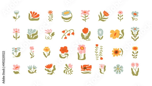 Fototapeta Trendy floral icon illustration set. Vintage style flowers on isolated background. Colorful pastel color spring doodle collection. Wedding nature symbol, romantic graphic bundle.