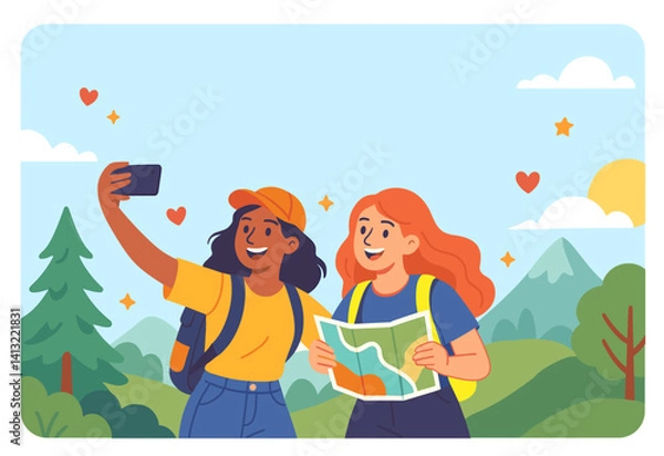 Obraz Two girl doing selfie on the nature showing friendship flat design for landingpage