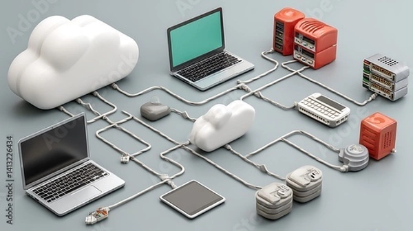 Obraz Cloud Computing Network  Digital Devices Connected to Servers via Cables on Gray Background