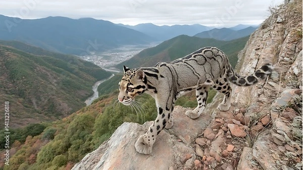Obraz Snow Leopard on Mountaintop Overlooking Valley