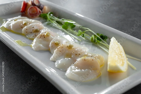 Fototapeta A closeup view of a octopus carpaccio plate.