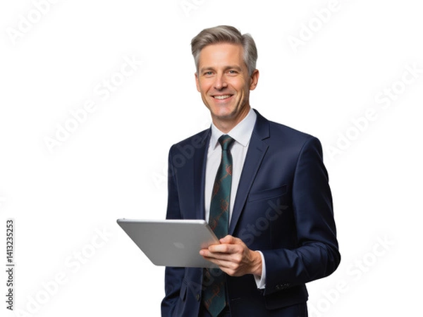 Fototapeta Business portrait isolated on white transparent background: A mature man in a dark suit and tie confidently holds a tablet while smiling directly at the camera against a plain white background.
