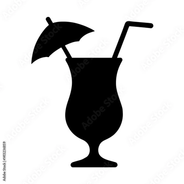 Fototapeta Minimalist black silhouette of a hurricane glass with straw and umbrella symbolizing tropical Hurricane cocktail