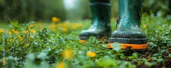 Fototapeta Close-up of rain boots walking through a vibrant field of wildflowers