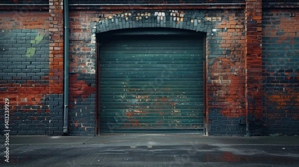 Fototapeta Urban Setting Features a Green Metallic Roll-Up Garage Door Against a Dark Brick Wall With Polished Concrete Floor