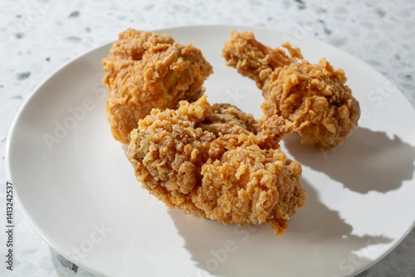 Fototapeta A view of some extra crispy fried chicken pieces, on a plate.
