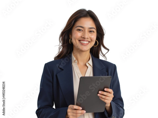 Fototapeta Business portrait isolated on white transparent background: A smiling Asian woman in a navy blazer and cream blouse confidently holds a tablet against a plain white background.