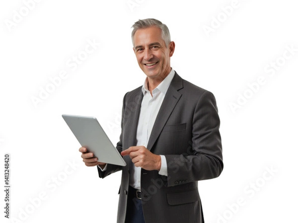 Fototapeta Business portrait isolated on white transparent background: A mature man in a gray suit and white shirt confidently presents a tablet while smiling directly at the viewer against a clean white backg