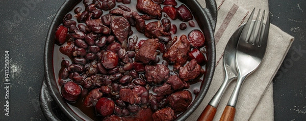 Obraz Feijoada, a traditional brazilian stew in a cast iron pot,, ready to be served with a spoon and fork on a linen napkin