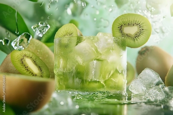 Fototapeta A vibrant kiwi and lime juice blend, topped with ice cubes, styled with fresh kiwi slices and green accents