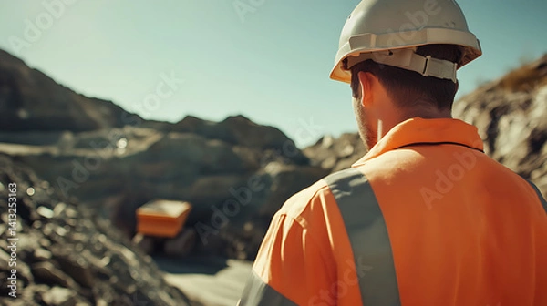 Fototapeta Mining engineer inspecting environmental impact at a mining site. Featuring environmental assessment and sustainability