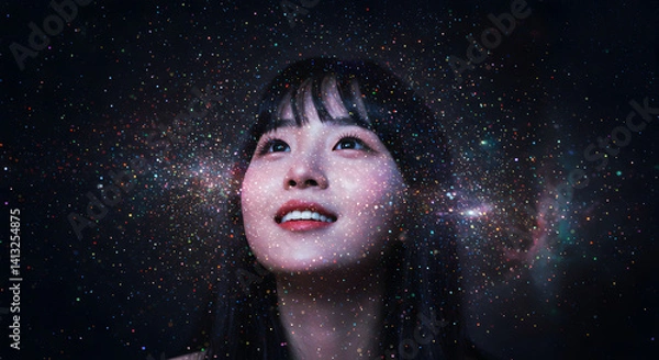 Fototapeta Woman Looking Up At Sparkling Galaxy Light Transparent Background