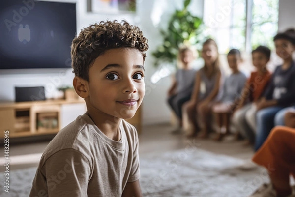 Obraz Curious child in focus with friends blurred in background in cozy living room