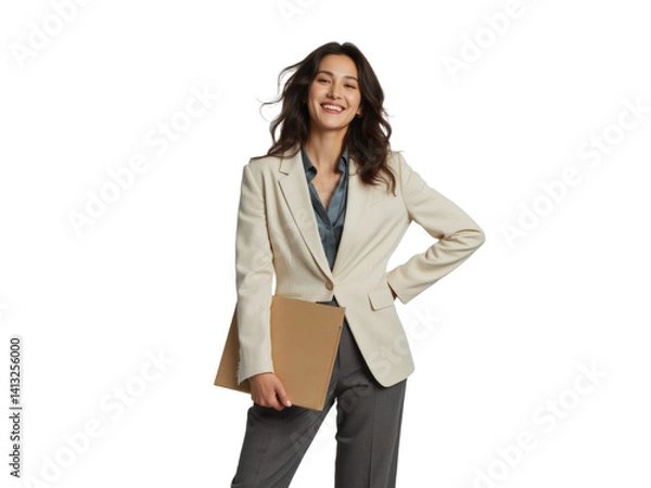 Fototapeta Business portrait isolated on white transparent background: A smiling young woman with long brown hair confidently stands with a folder, dressed in a beige blazer and gray trousers against a plain w