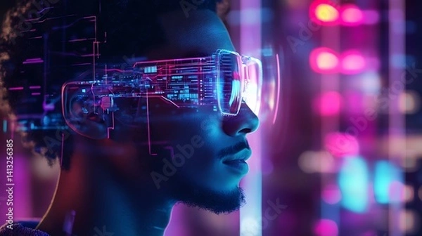 Fototapeta Futuristic woman with neon glowing technology and digital network high resolution picture