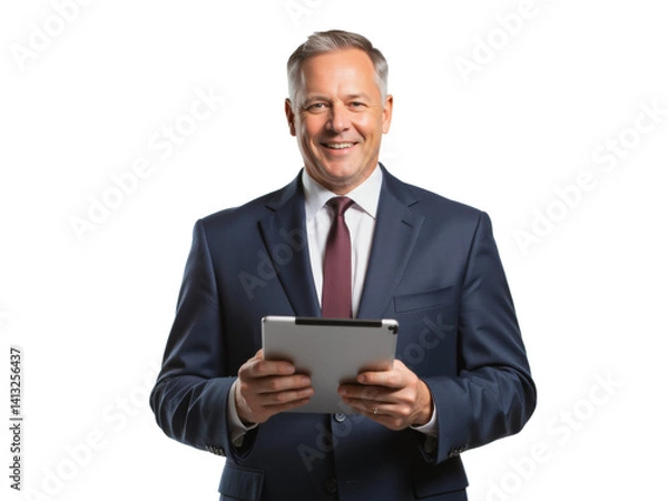 Fototapeta Business portrait isolated on white transparent background: A mature businessman in a navy suit and tie confidently holds a tablet while smiling directly at the camera against a clean white backgrou
