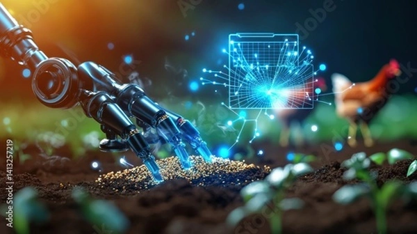 Fototapeta Automated farming technology revolutionizes agriculture rural field digital art innovative environment close-up ai and robotics integration