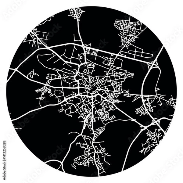 Obraz Zielona Góra city in Poland. Vector minimalist street plan map on a black round background