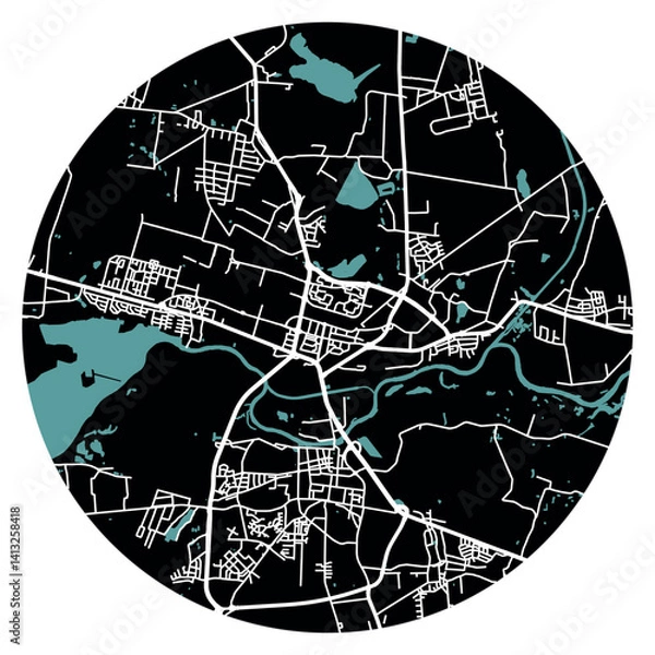 Obraz Konin city in Poland. Vector minimalist street plan map on a black round background