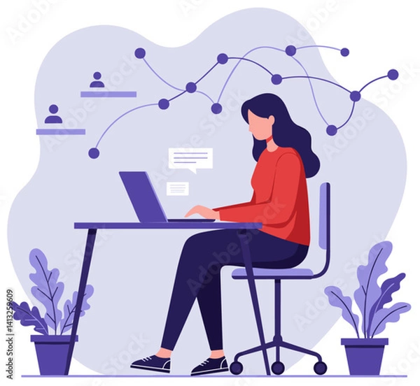 Obraz Woman Working Remotely on a Laptop with Online Communication Flow