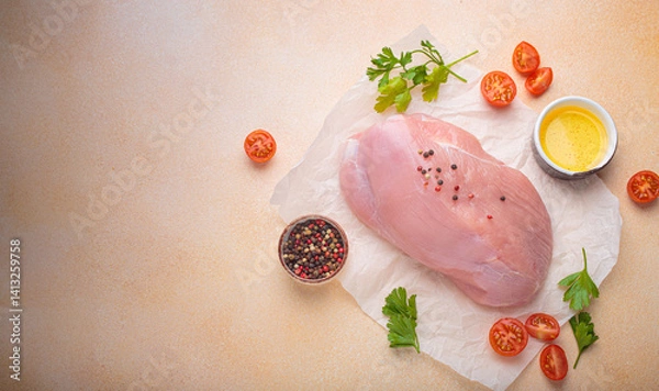 Obraz Fresh raw turkey fillet seasoned with peppercorns, cherry tomatoes, parsley, and oil on baking paper, perfect for a healthy meal top view, copy space