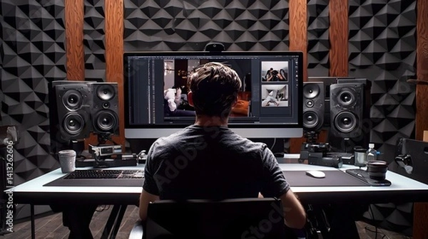 Fototapeta Close up view of a photographer or creative professional working on digital monitor in a modern equipped studio or multimedia workspace  The person is editing