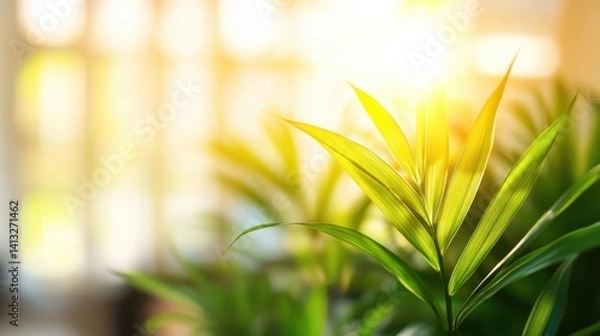 Obraz Sunlight Filtering Through Green Leaves in Bright Indoor Setting