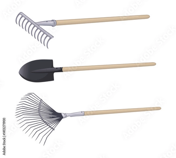 Obraz Garden Tools Vector Set Rake Shovel Leaf Rake Illustration