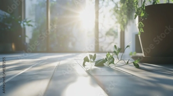 Obraz Sunlight Streaming Through Windows With Green Plant on Floor