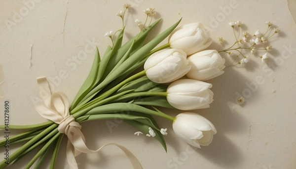 Obraz Elegant White Tulip Bouquet with Ribbon - Fresh Floral Arrangement