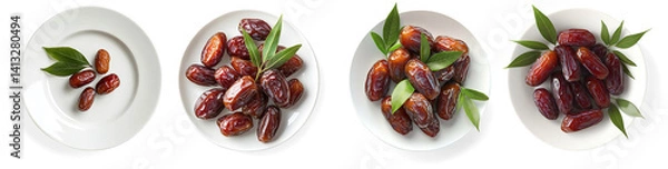 Fototapeta Dates and Green Leaf on White Plate on a Transparent Background