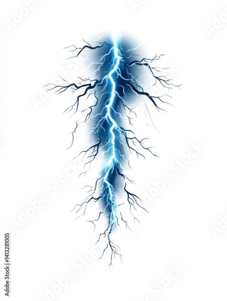 Fototapeta Electric Bolt Lightning Strike Thunder Clipart - Powerful blue lightning bolt, isolated on white. Symbolizes energy, power, nature's fury, electricity, and storm