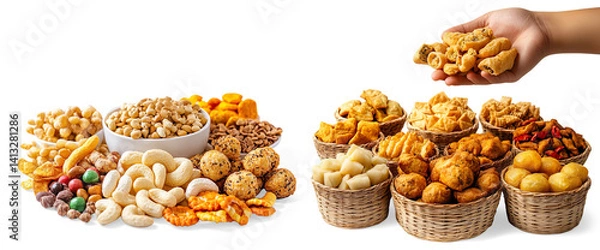 Fototapeta Assorted Colorful Snacks in Bowls on a Transparent Background