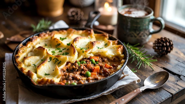 Fototapeta Close-up of shepherd's pie with textured mashed potato topping, candle, and greenery
