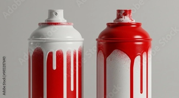 Fototapeta This image features two spray paint cans, one primarily white with red drips and the other primarily red with white drips, placed side-by-side against a plain grey backdrop. 